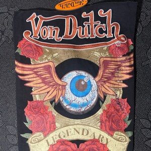 Von Dutch Black Tee with Red Roses and Blue Eye